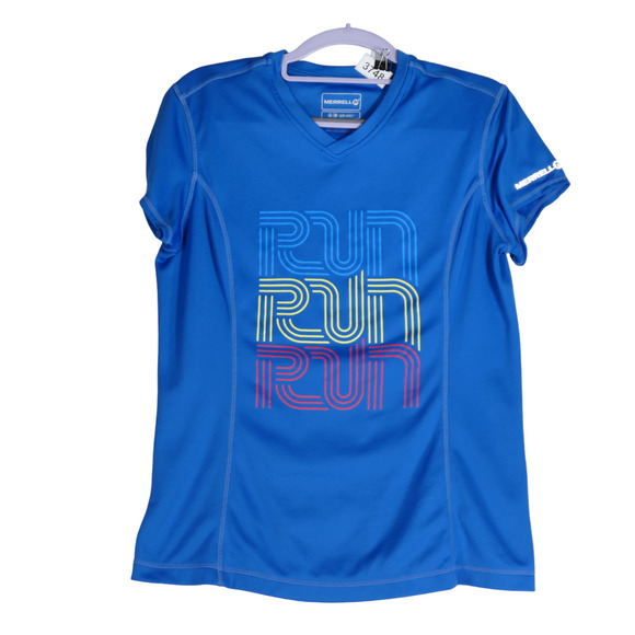 Merrell Performance Top Womens Medium Blue Run Run Run Graphic Opti Wick Active - Picture 1 of 13